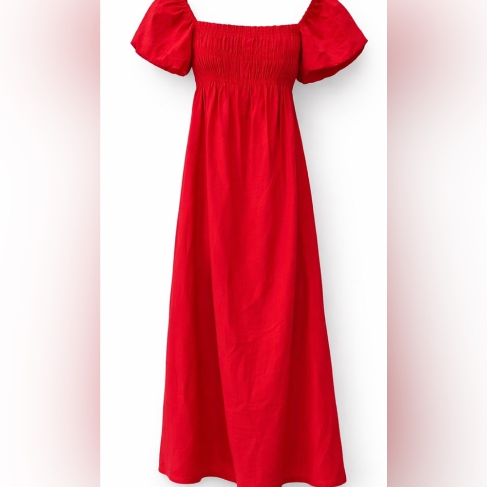 Red Smocked Maxi Dress Linen Blend Puff Sleeve Cottagecore M Kourt
